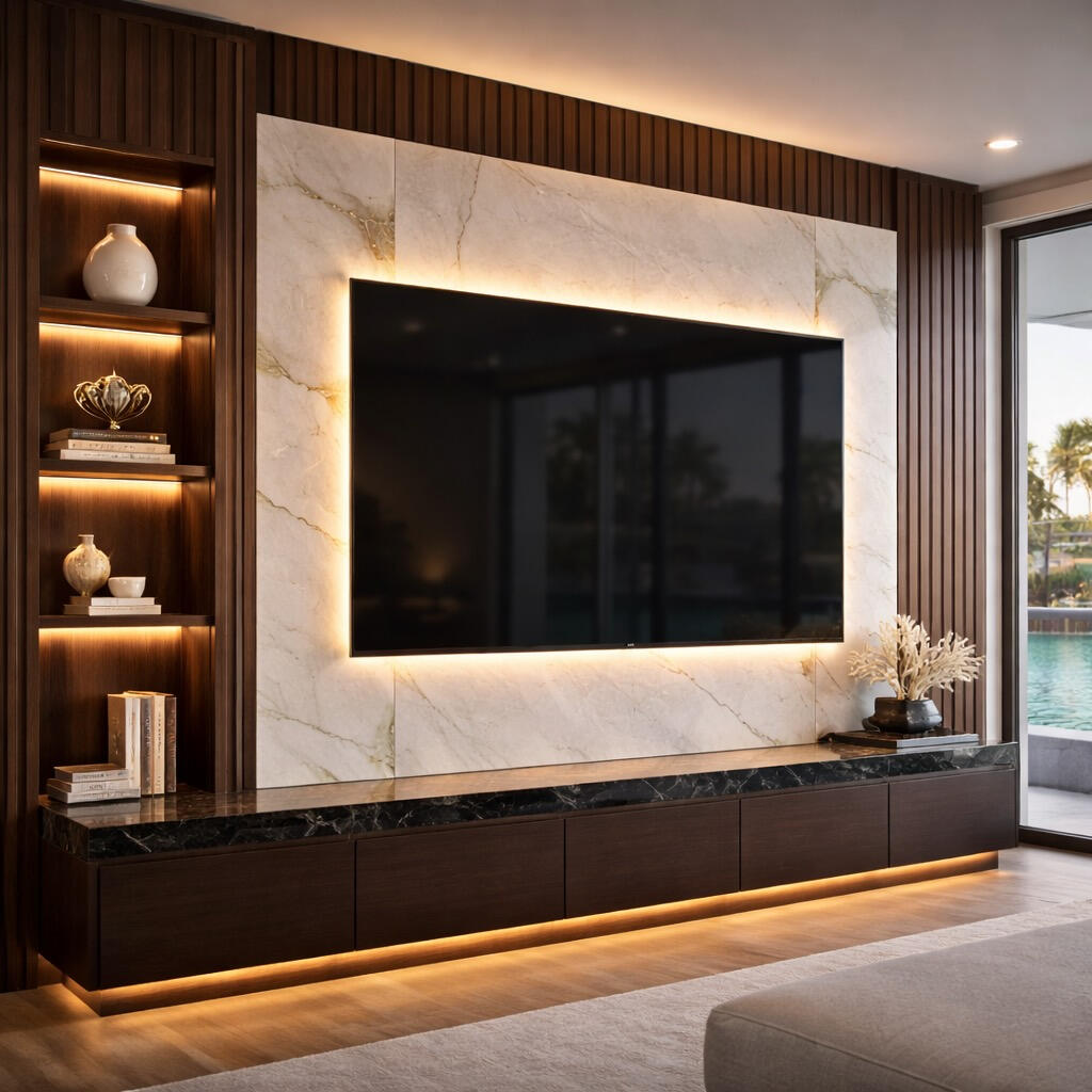 Luxury TV media wall in Fort Lauderdale condo with walnut wood slats, marble panels with gold veining and warm LED backlighting