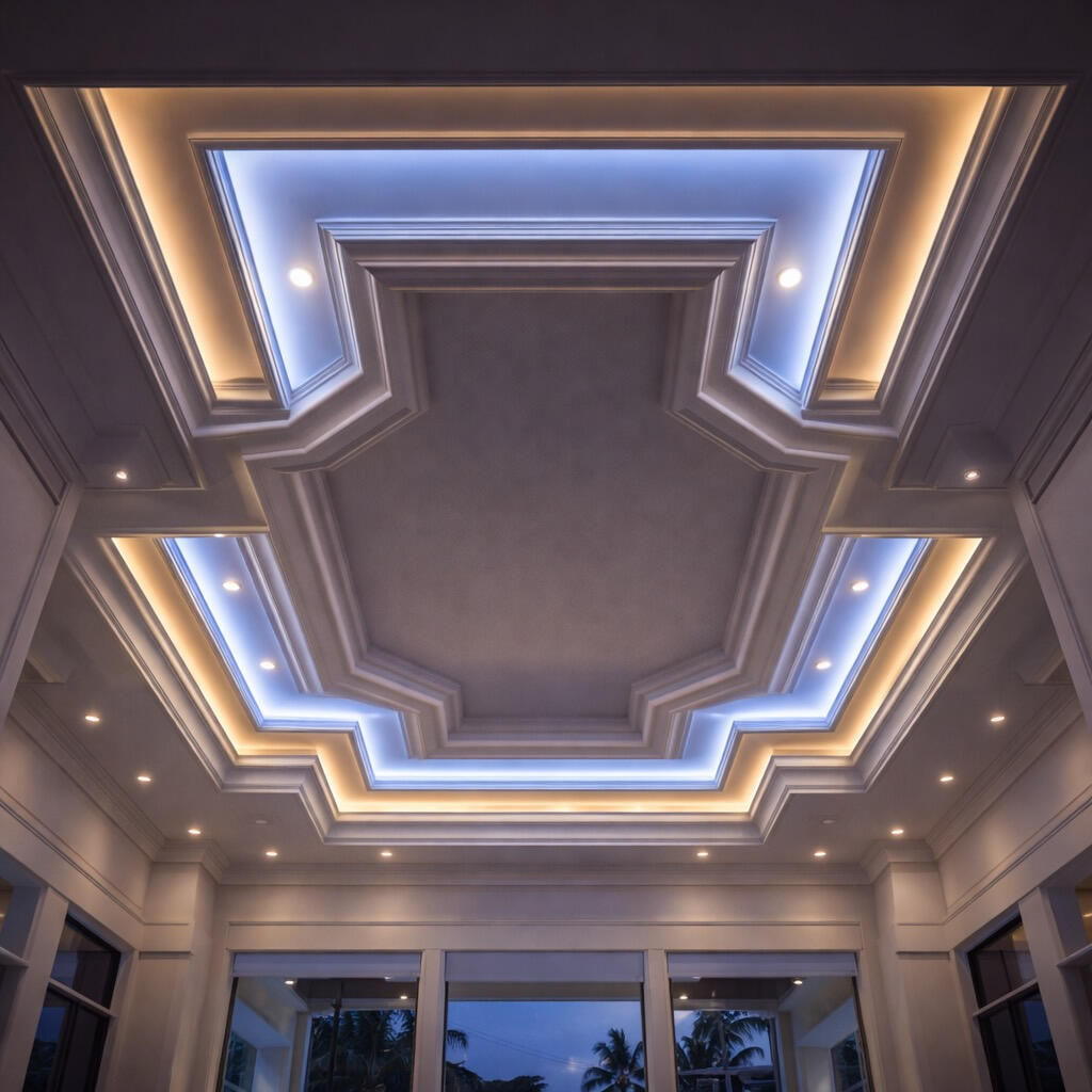 Luxury tray ceiling with geometric design, blue and warm LED cove lighting and high gloss beams in Fort Lauderdale great room