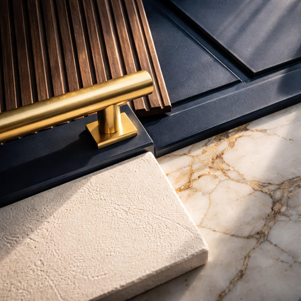 Close up of luxury material samples including walnut wood slats, navy panel, brass hardware, Calacatta marble and Venetian plaster textures